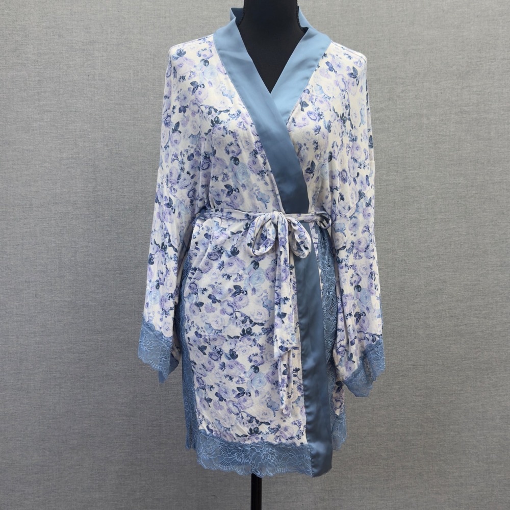 Victorias Secret Floral Lace Trim Short‎ Kimono Robe Blue Purple Womens XS/S